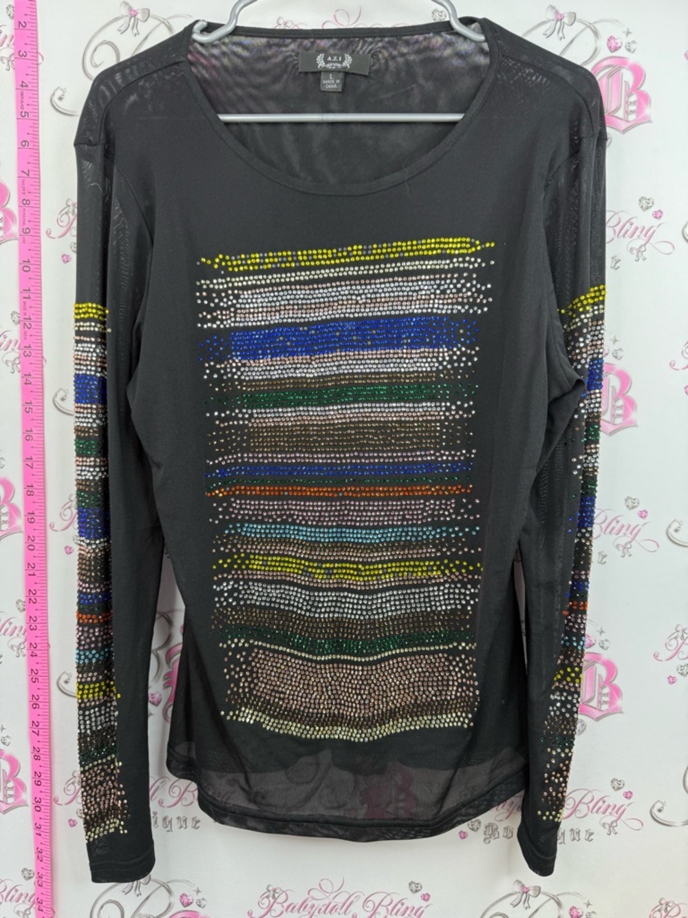 Azi long sleeve Black Long-Sleeve Sheer Top with Multicolor Rhinestone Stripes